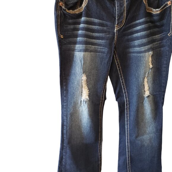 Ariya Jeans Santa Cruz Embroidered Sequins Flare Distressed Blue Denim Sz 16 HOT - Picture 4 of 9